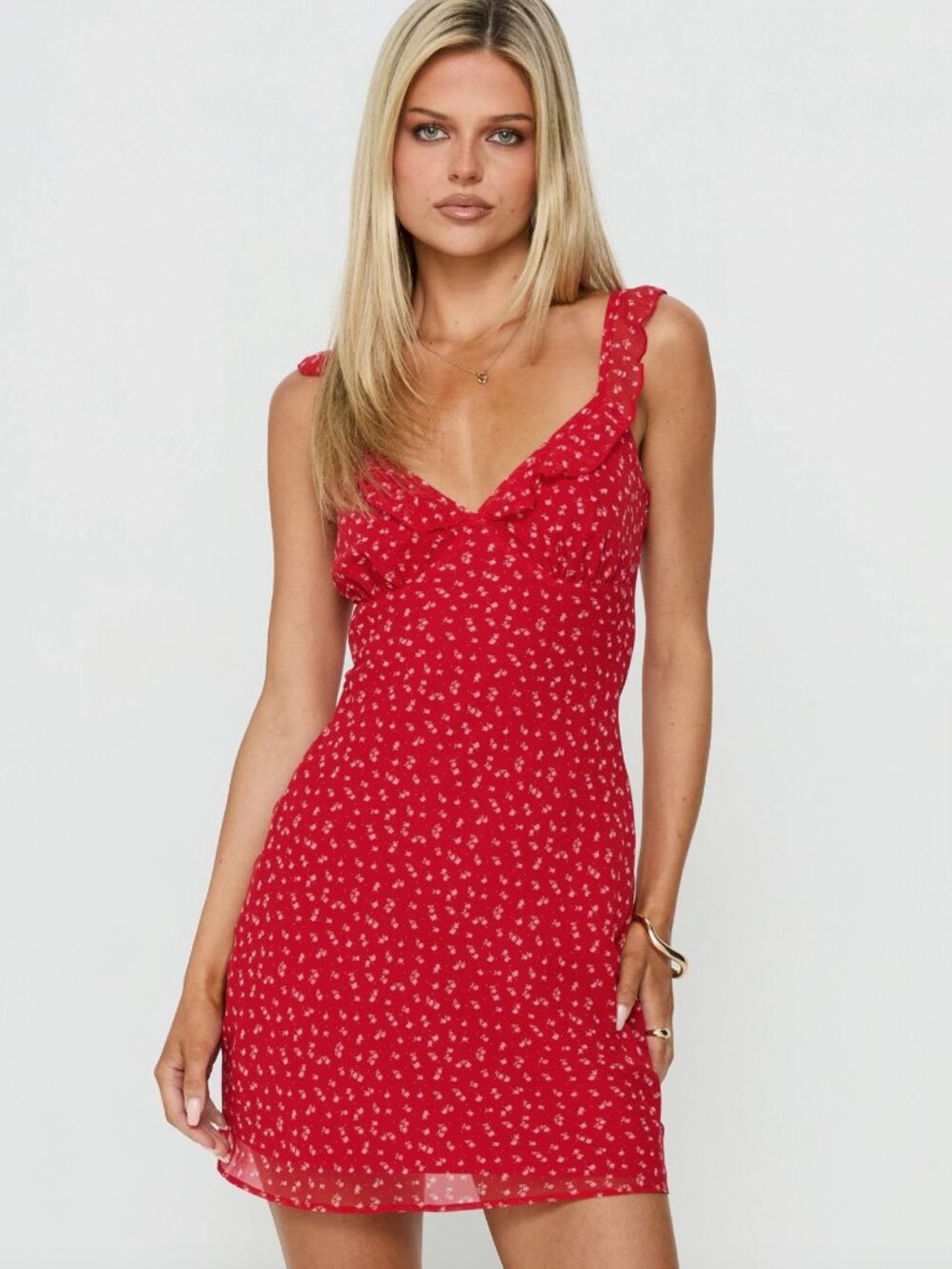 Princess Polly Lozie Frill V Neck Mini Dress Red Floral